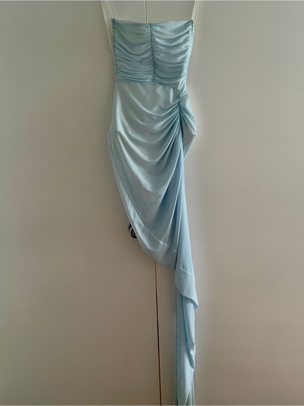 Light Blue Sheer Ruched Sexy Open Back Asymmetrical Dress